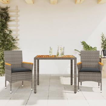 ARDEBO.de - 3-tlg. Garten-Essgruppe mit Kissen Grau Poly Rattan Akazie