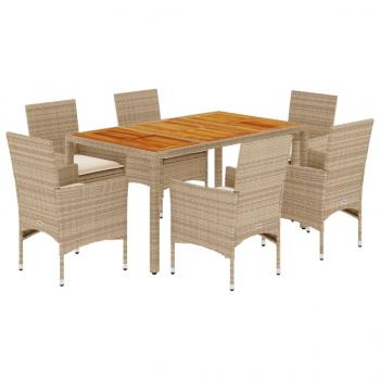 7-tlg. Garten-Essgruppe mit Kissen Beige Poly Rattan Akazie