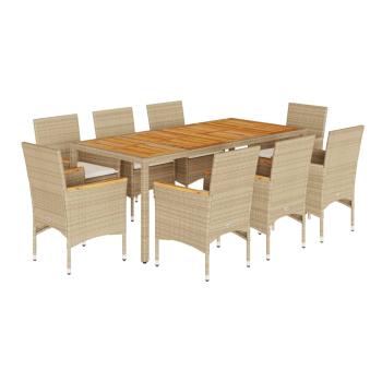 9-tlg. Garten-Essgruppe mit Kissen Beige Poly Rattan Akazie