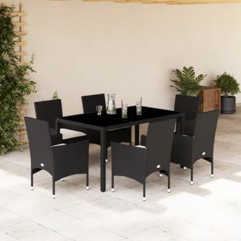 ARDEBO.de - 7-tlg. Garten-Essgruppe mit Kissen Schwarz Poly Rattan Glas