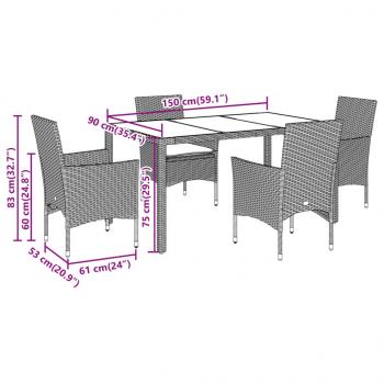 5-tlg. Garten-Essgruppe mit Kissen Hellgrau Poly Rattan Glas