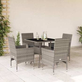 ARDEBO.de - 5-tlg. Garten-Essgruppe mit Kissen Grau Poly Rattan und Glas