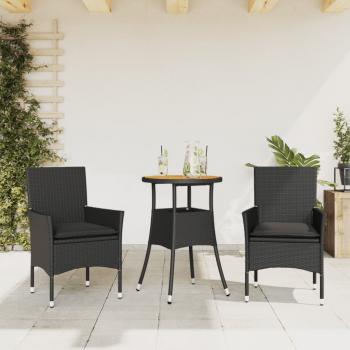 ARDEBO.de - 3-tlg. Garten-Essgruppe mit Kissen Schwarz Poly Rattan Akazie