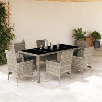 ARDEBO.de - 7-tlg. Garten-Essgruppe mit Kissen Hellgrau Poly Rattan & Glas