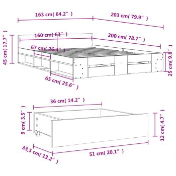 Bettgestell mit Schubladen Betongrau 160x200 cm Holzwerkstoff