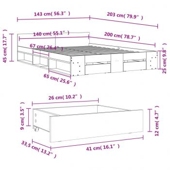 Bettgestell mit Schubladen Braun Eichen-Optik 140x200 cm