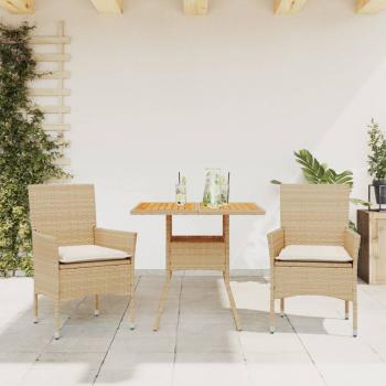 ARDEBO.de - 3-tlg. Garten-Essgruppe mit Kissen Beige Poly Rattan Akazie