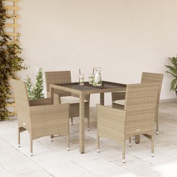 ARDEBO.de - 5-tlg. Garten-Essgruppe mit Kissen Beige Poly Rattan und Glas