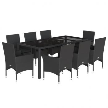 9-tlg. Garten-Essgruppe mit Kissen Schwarz Poly Rattan und Glas