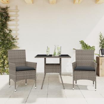 ARDEBO.de - 3-tlg. Garten-Essgruppe mit Kissen Grau Poly Rattan und Glas