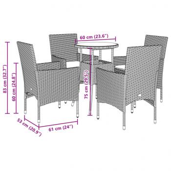 5-tlg. Garten-Essgruppe mit Kissen Grau Poly Rattan und Glas