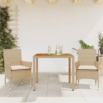 ARDEBO.de - 3-tlg. Garten-Essgruppe mit Kissen Beige Poly Rattan Akazie