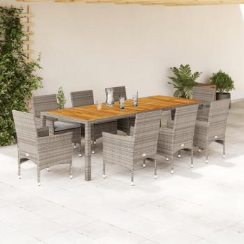 ARDEBO.de - 9-tlg. Garten-Essgruppe mit Kissen Grau Poly Rattan Akazie