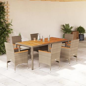 ARDEBO.de - 7-tlg. Garten-Essgruppe mit Kissen Beige Poly Rattan Akazie