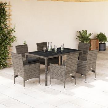 ARDEBO.de - 7-tlg. Garten-Essgruppe mit Kissen Grau Poly Rattan und Glas