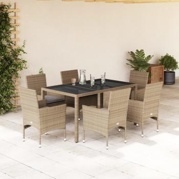 ARDEBO.de - 7-tlg. Garten-Essgruppe mit Kissen Beige Poly Rattan und Glas