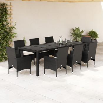 ARDEBO.de - 9-tlg. Garten-Essgruppe mit Kissen Schwarz Poly Rattan und Glas