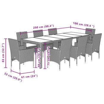 9-tlg. Garten-Essgruppe mit Kissen Schwarz Poly Rattan und Glas