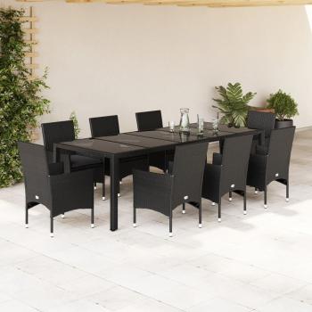 ARDEBO.de - 9-tlg. Garten-Essgruppe mit Kissen Schwarz Poly Rattan und Glas