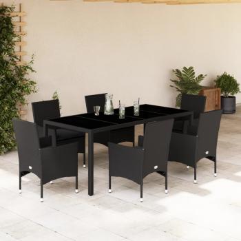 ARDEBO.de - 7-tlg. Garten-Essgruppe mit Kissen Schwarz Poly Rattan Glas