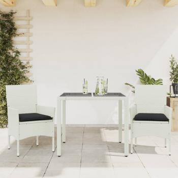 ARDEBO.de - 3-tlg. Garten-Essgruppe mit Kissen Weiß Poly Rattan und Glas