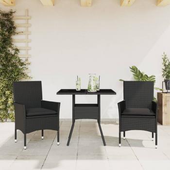 ARDEBO.de - 3-tlg. Garten-Essgruppe mit Kissen Schwarz Poly Rattan Glas