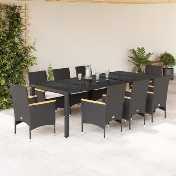 ARDEBO.de - 9-tlg. Garten-Essgruppe mit Kissen Schwarz Poly Rattan und Glas