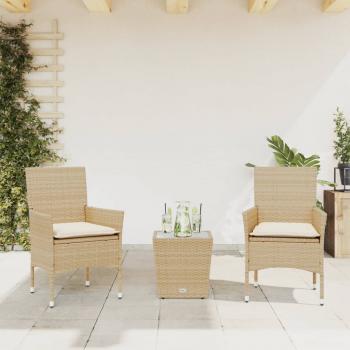 ARDEBO.de - 3-tlg. Bistro-Set mit Kissen Beige Poly Rattan und Glas