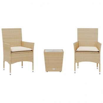 3-tlg. Bistro-Set mit Kissen Beige Poly Rattan und Glas