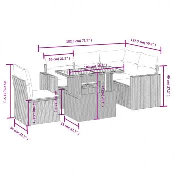 6-tlg. Garten-Sofagarnitur mit Kissen Grau Poly Rattan