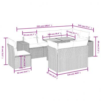 9-tlg. Garten-Sofagarnitur mit Kissen Grau Poly Rattan