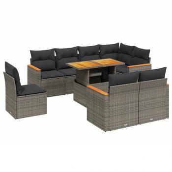 9-tlg. Garten-Sofagarnitur mit Kissen Grau Poly Rattan