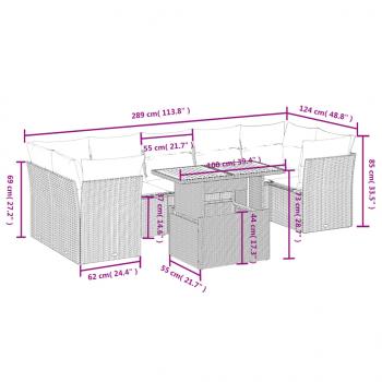 8-tlg. Garten-Sofagarnitur mit Kissen Grau Poly Rattan