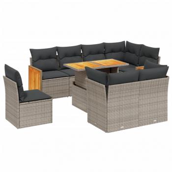 9-tlg. Garten-Sofagarnitur mit Kissen Grau Poly Rattan