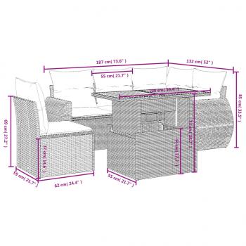 6-tlg. Garten-Sofagarnitur mit Kissen Grau Poly Rattan