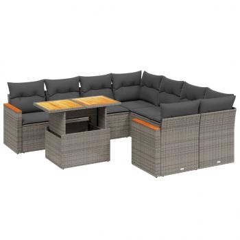 9-tlg. Garten-Sofagarnitur mit Kissen Grau Poly Rattan