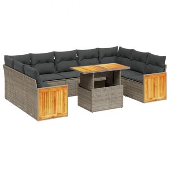 10-tlg. Garten-Sofagarnitur mit Kissen Grau Poly Rattan