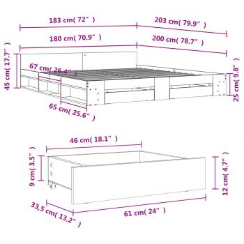 Bettgestell mit Schubladen Grau Sonoma 180x200cm Holzwerkstoff