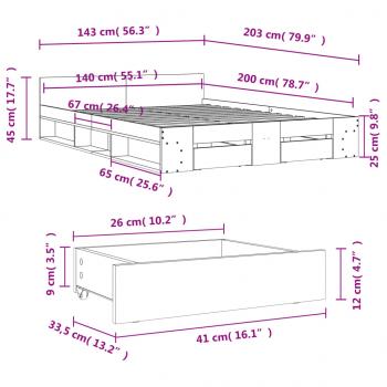 Bettgestell mit Schubladen Betongrau 140x200 cm Holzwerkstoff