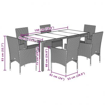 7-tlg. Garten-Essgruppe mit Kissen Braun Poly Rattan und Glas