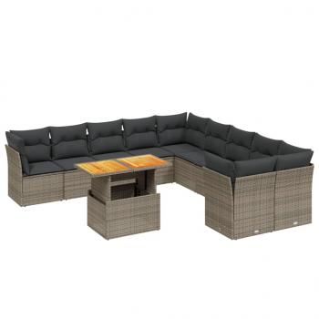 11-tlg. Garten-Sofagarnitur mit Kissen Grau Poly Rattan