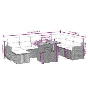 9-tlg. Garten-Sofagarnitur mit Kissen Grau Poly Rattan