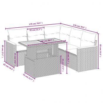 6-tlg. Garten-Sofagarnitur mit Kissen Grau Poly Rattan