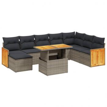 9-tlg. Garten-Sofagarnitur mit Kissen Grau Poly Rattan