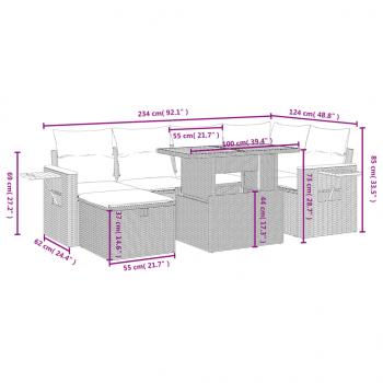 7-tlg. Garten-Sofagarnitur mit Kissen Grau Poly Rattan