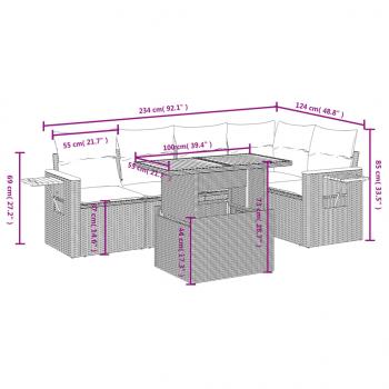 6-tlg. Garten-Sofagarnitur mit Kissen Grau Poly Rattan