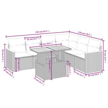 7-tlg. Garten-Sofagarnitur mit Kissen Grau Poly Rattan