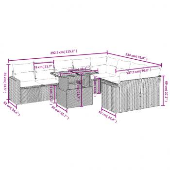 10-tlg. Garten-Sofagarnitur mit Kissen Grau Poly Rattan