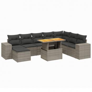 9-tlg. Garten-Sofagarnitur mit Kissen Grau Poly Rattan