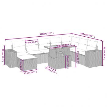 9-tlg. Garten-Sofagarnitur mit Kissen Grau Poly Rattan